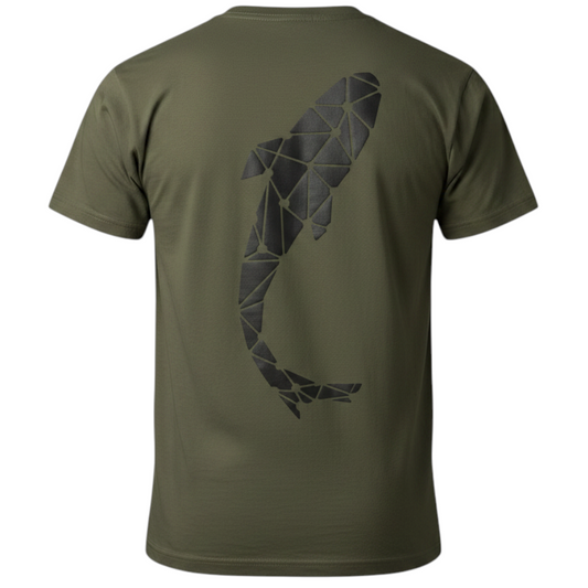 Connected Carper khaki fishing t-shirt with a geometric carp fish logo on the back, made of cotton and polyester.