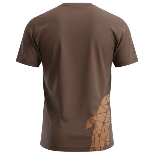 Back view of a brown Connected Carper cotton-blend t-shirt with a geometric graphic print on the lower right side.