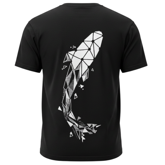 Back view of a black Connected Carper cotton blend t-shirt featuring a large white geometric carp fish graphic.