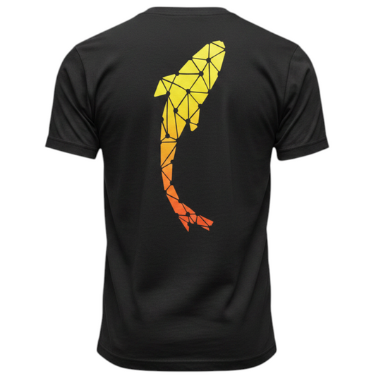 Connected Carper black t-shirt with a large orange and yellow geometric carp fish logo on the back