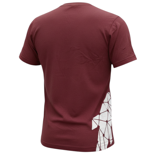 Connected Carper burgundy cotton-blend t-shirt with white geometric carp graphic on the back, back view.