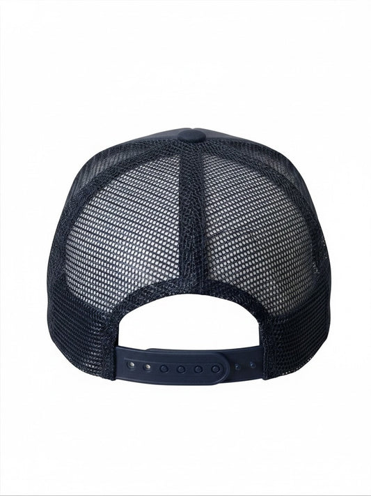 Connected Carper navy blue trucker cap with breathable mesh back and adjustable snapback closure