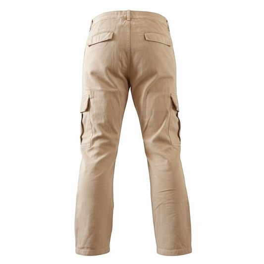 Connected Carper sand cargo pants in 100% cotton with side pockets, back view