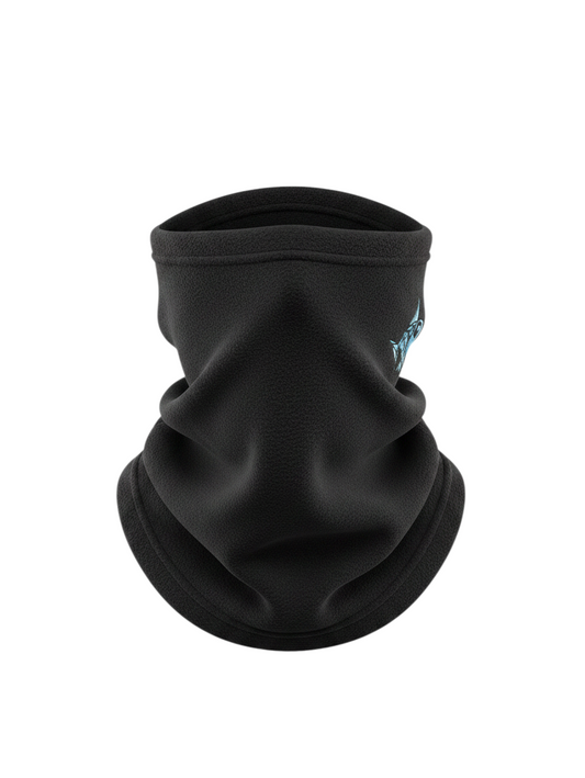 Tour de cou polaire noir Connected Carper avec broderie bleue, idéal pour la protection thermique en extérieur.