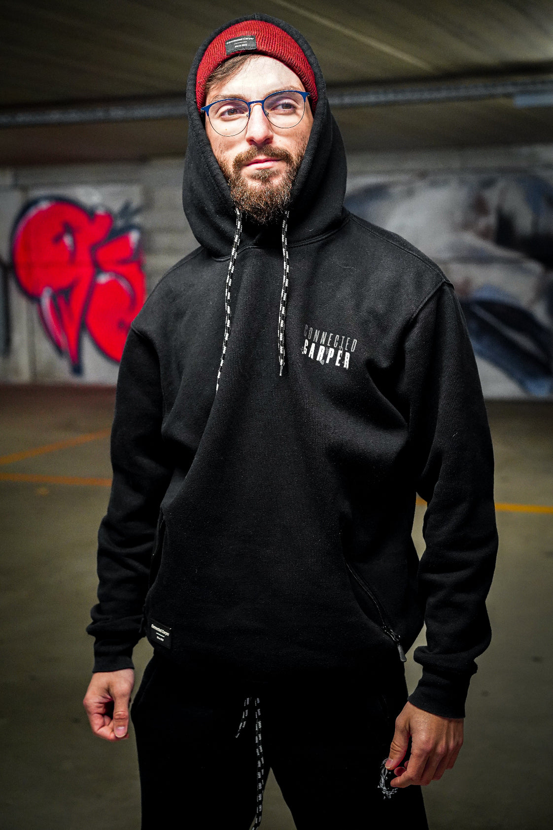 Sweat à Capuche Pêche Carpe Geometric Black | Connected Carper