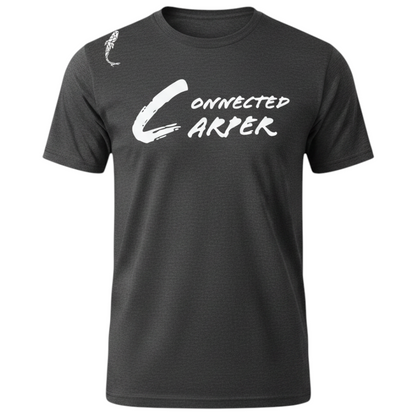 Connected Carper charcoal grey fishing t-shirt with white logo on chest and small embroidered carp on the shoulder