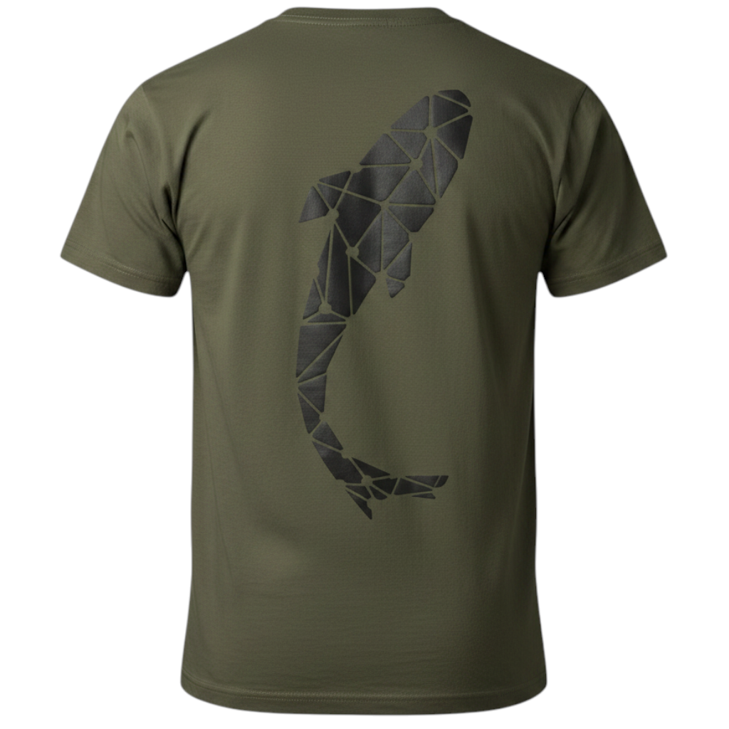 Connected Carper khaki fishing t-shirt with a geometric carp fish logo on the back, made of cotton and polyester.