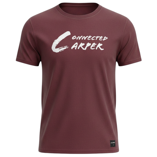 Connected Carper burgundy cotton-blend t-shirt with white logo print for carp fishing enthusiasts