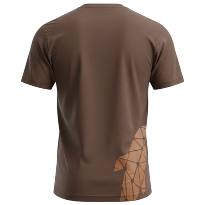 Back view of a brown Connected Carper cotton-blend t-shirt with a geometric graphic print on the lower right side.