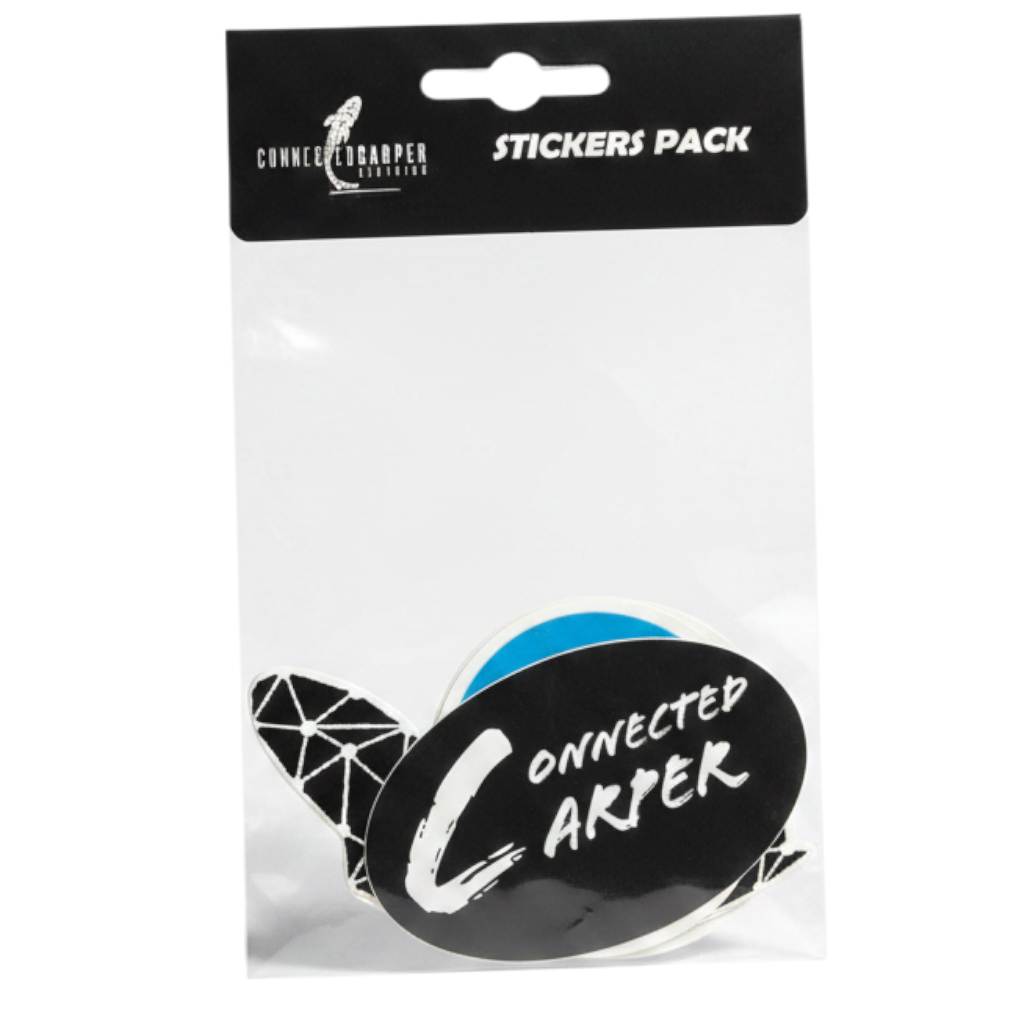 Connected Carper branded sticker pack featuring five assorted fishing-themed decals in a clear retail display bag.