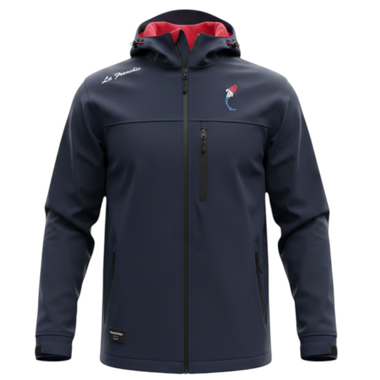 Connected Carper navy blue softshell jacket with fleece lining, waterproof zippers, and embroidered chest logo.