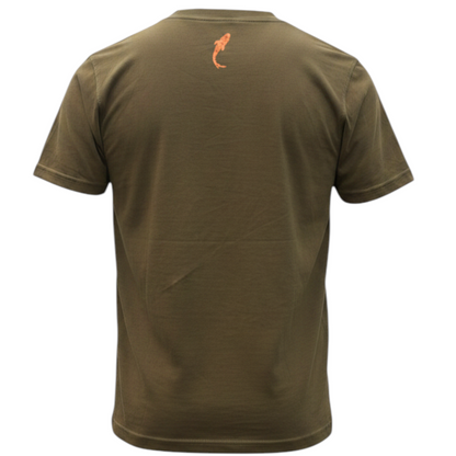 Back view of a Connected Carper khaki cotton-polyester t-shirt with a small orange carp logo on the upper back