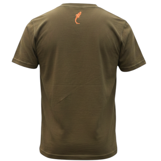 Back view of a Connected Carper khaki cotton-polyester t-shirt with a small orange carp logo on the upper back