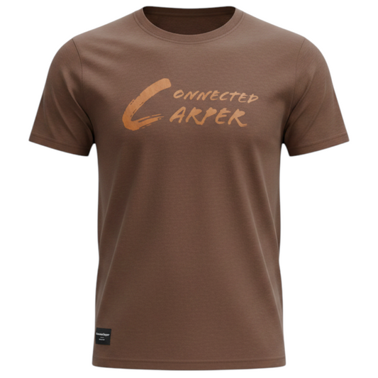Connected Carper brown cotton-blend t-shirt with premium flocked logo for carp fishing enthusiasts.