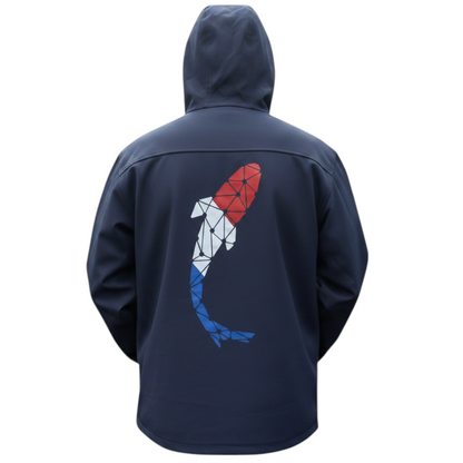 Connected Carper navy softshell jacket with a large geometric fish logo in red, white, and blue on the back.