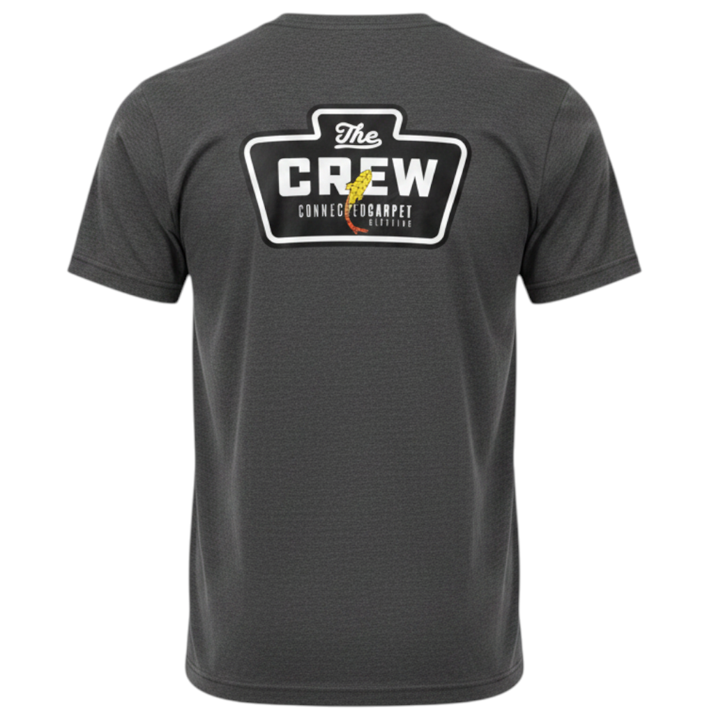 Connected Carper charcoal grey fishing t-shirt with large The Crew logo graphic on the back
