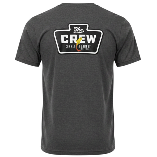Connected Carper charcoal grey fishing t-shirt with large The Crew logo graphic on the back