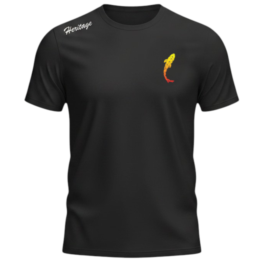 Connected Carper black Heritage t-shirt with small orange carp logo on chest and Heritage text on shoulder