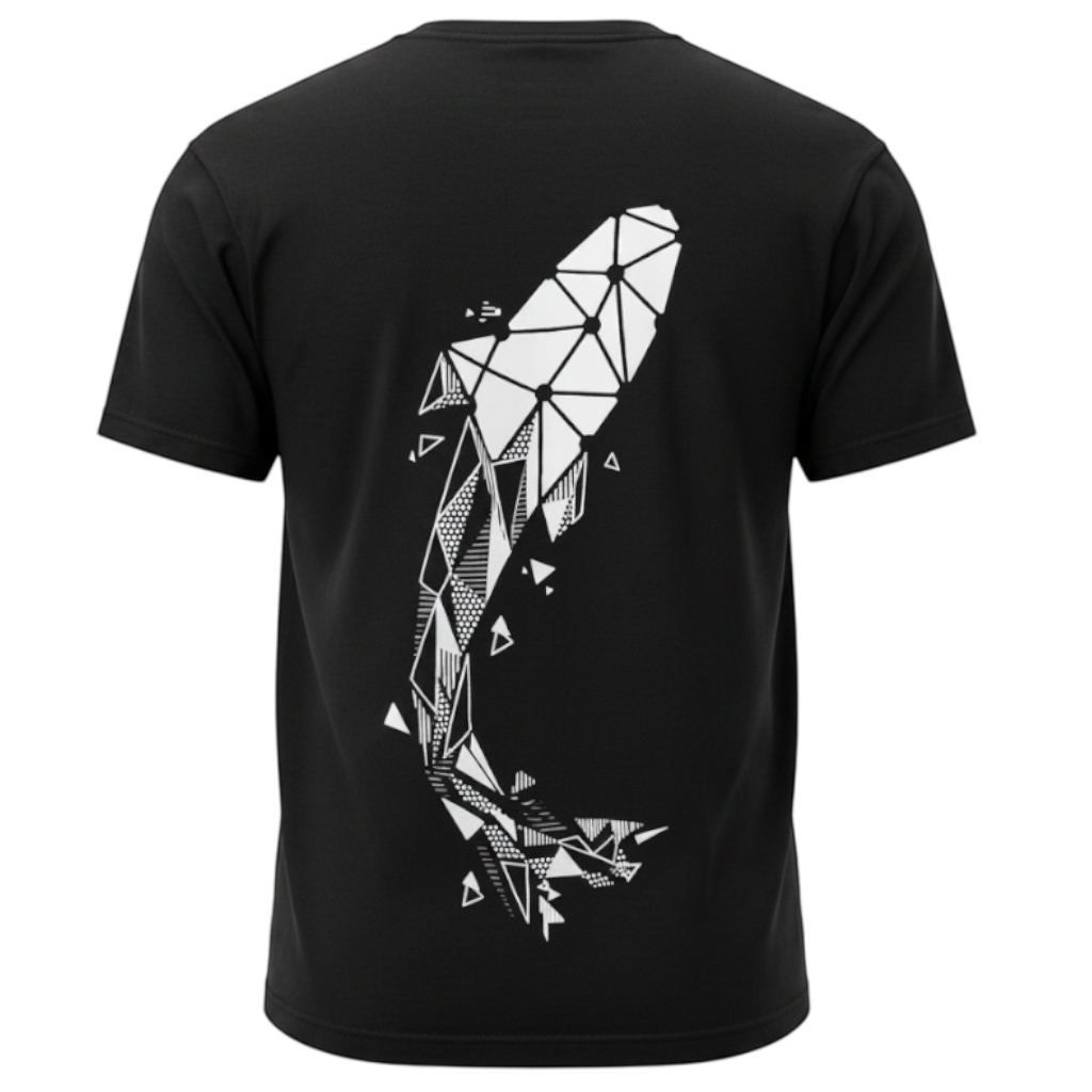 Back view of a black Connected Carper cotton blend t-shirt featuring a large white geometric carp fish graphic.