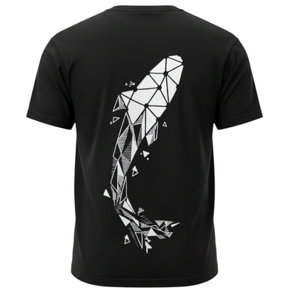 Back view of a black Connected Carper cotton blend t-shirt featuring a large white geometric carp fish graphic.