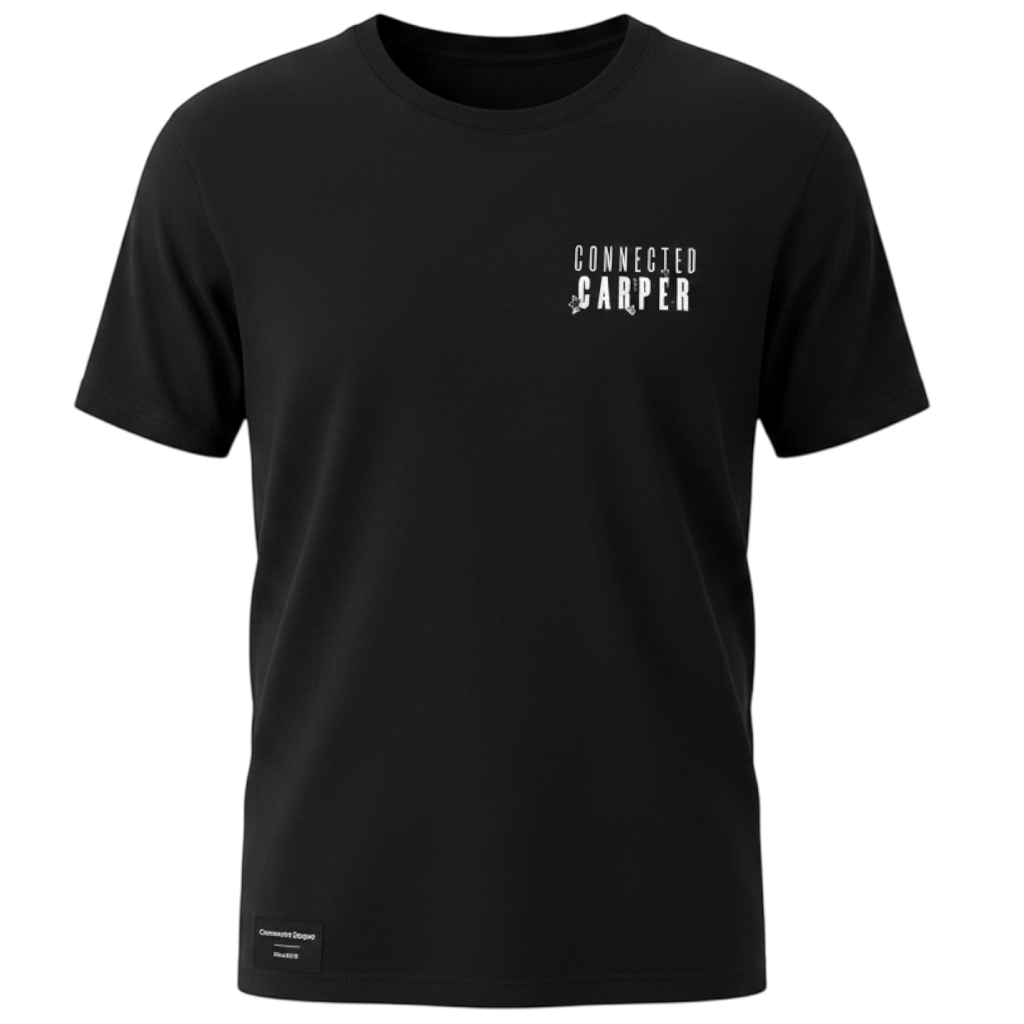 Connected Carper black cotton blend t-shirt with white chest logo and woven hem label for carp fishing enthusiasts.