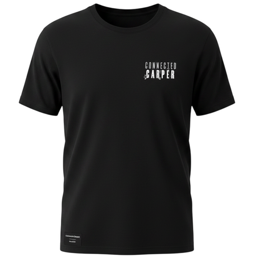 Connected Carper black cotton blend t-shirt with white chest logo and woven hem label for carp fishing enthusiasts.