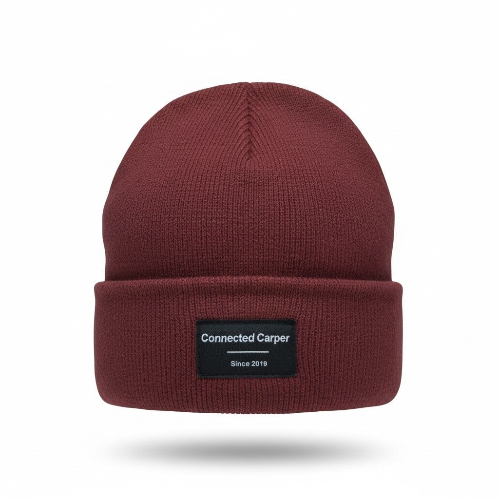 Connected Carper minimalist burgundy acrylic beanie with a black branded patch on the front cuff