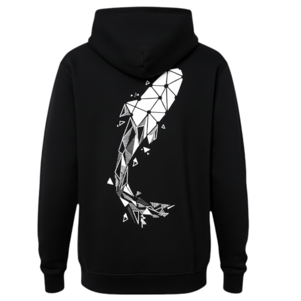Connected Carper black hoodie with geometric carp print on back, worn by a fisherman by the water.
