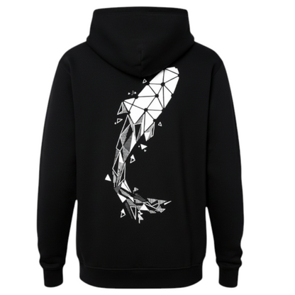 Connected Carper black hoodie with geometric carp print on back, worn by a fisherman by the water.