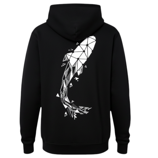 Connected Carper black hoodie with geometric carp print on back, worn by a fisherman by the water.