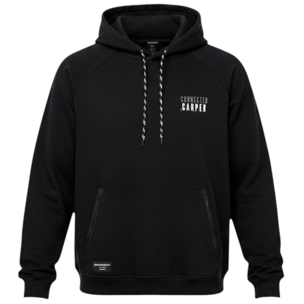 Connected Carper black hoodie with geometric carp print on back, worn by a fisherman by the water.