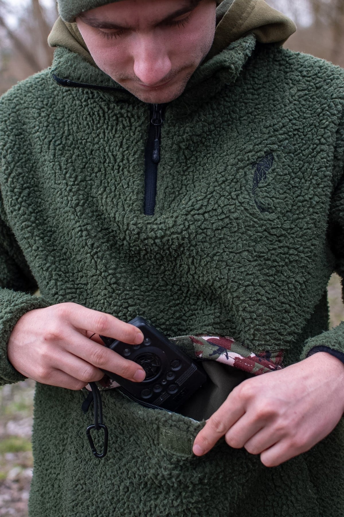Connected Carper khaki sherpa fleece hoodie with camouflage pocket detail and embroidered logo on chest