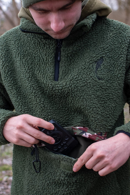 Connected Carper khaki sherpa fleece hoodie with camouflage pocket detail and embroidered logo on chest