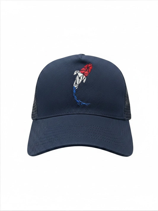 Connected Carper navy blue trucker cap with breathable mesh back and embroidered Frenchie logo on the front.