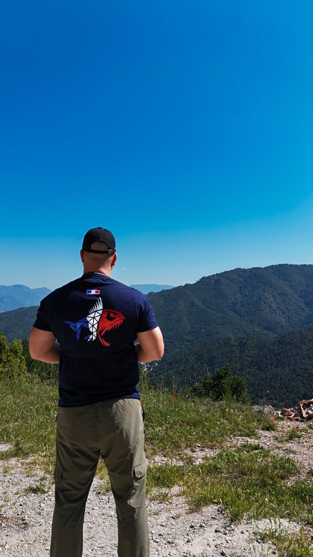 Connected Carper Predator Frenchie t-shirt with a tricolour fish logo worn by a man overlooking a mountain landscape.