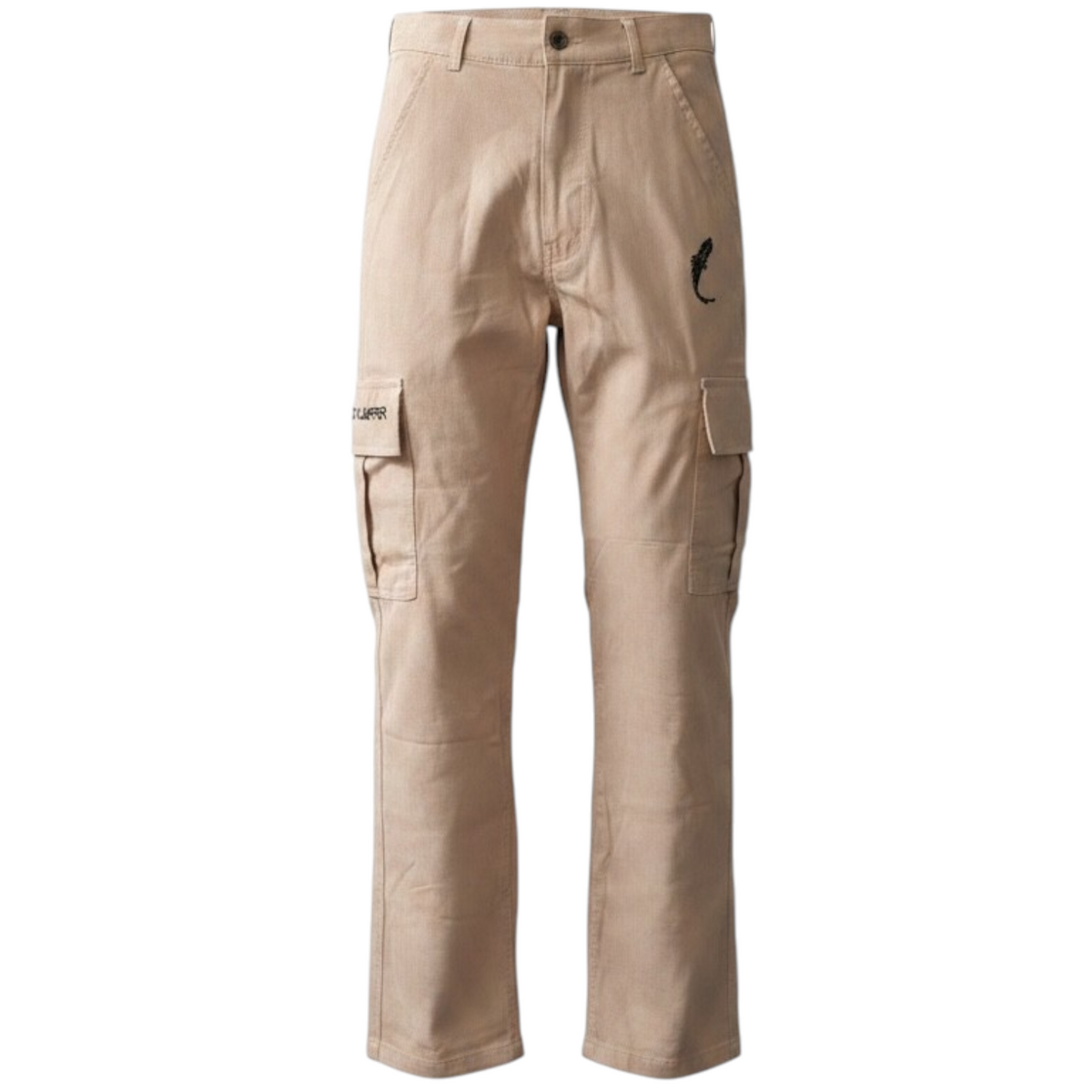 Connected Carper sand-colored 100% cotton cargo pants with black logo details and side utility pockets.