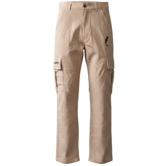 Connected Carper sand-colored 100% cotton cargo pants with black logo details and side utility pockets.