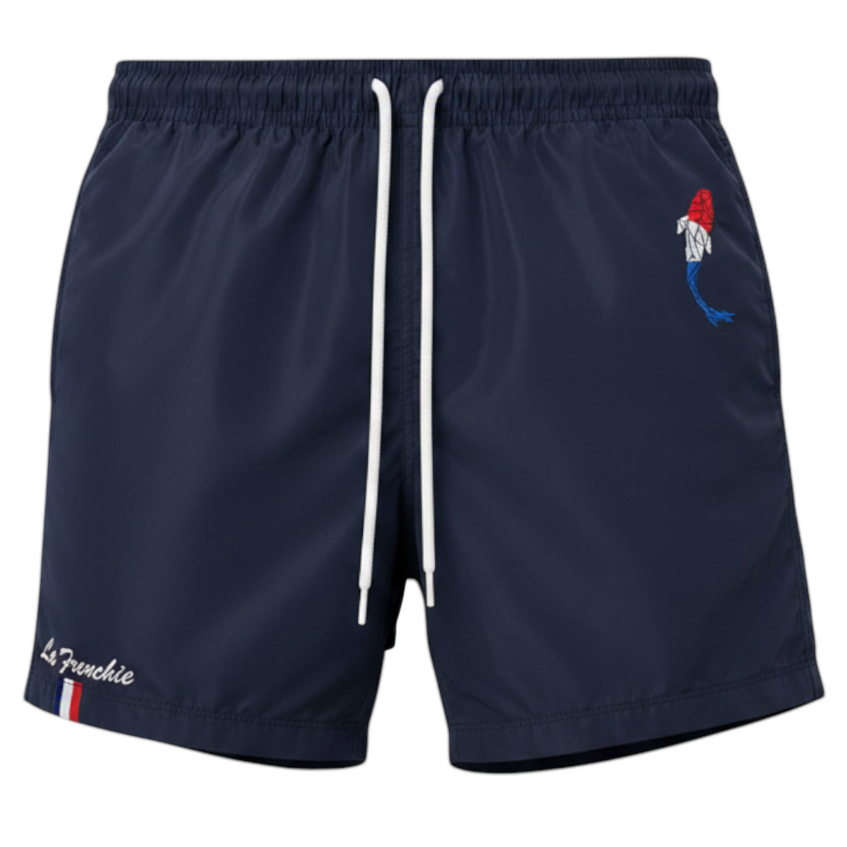 Short de bain bleu marine Connected Carper avec cordon blanc, broderie carpe tricolore et détails français