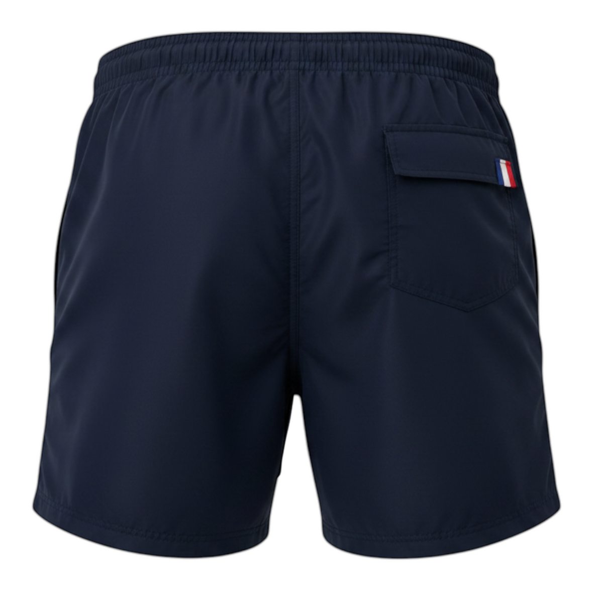 Vue arrière du short de bain bleu marine Connected Carper avec poche arrière et détails tricolores