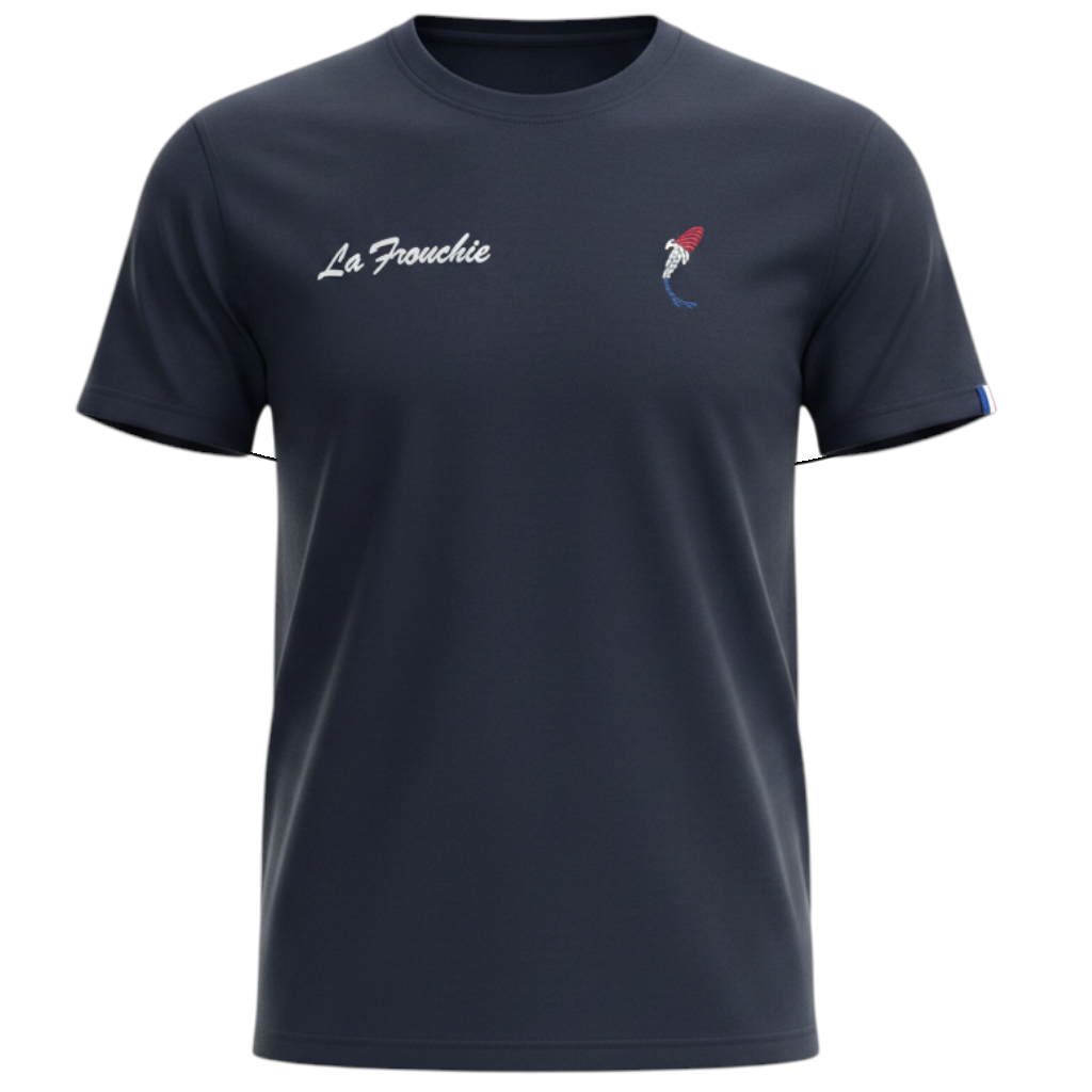 Connected Carper La Frenchie navy blue carp fishing t-shirt with a small tricolor logo on the chest.