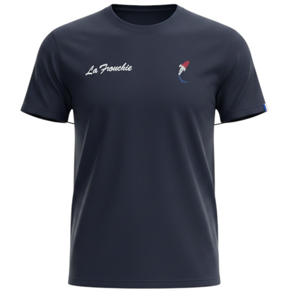 Connected Carper La Frenchie navy blue carp fishing t-shirt with a small tricolor logo on the chest.