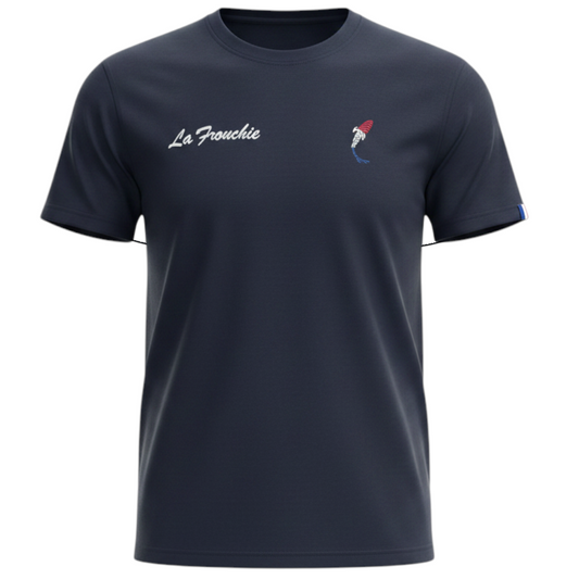 Connected Carper La Frenchie navy blue carp fishing t-shirt with a small tricolor logo on the chest.