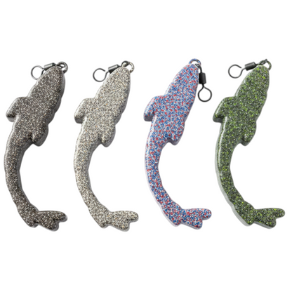 Connected Carper 80g fishing weights shaped like a fish logo in brown, sand, Frenchie, and khaki speckled finishes.