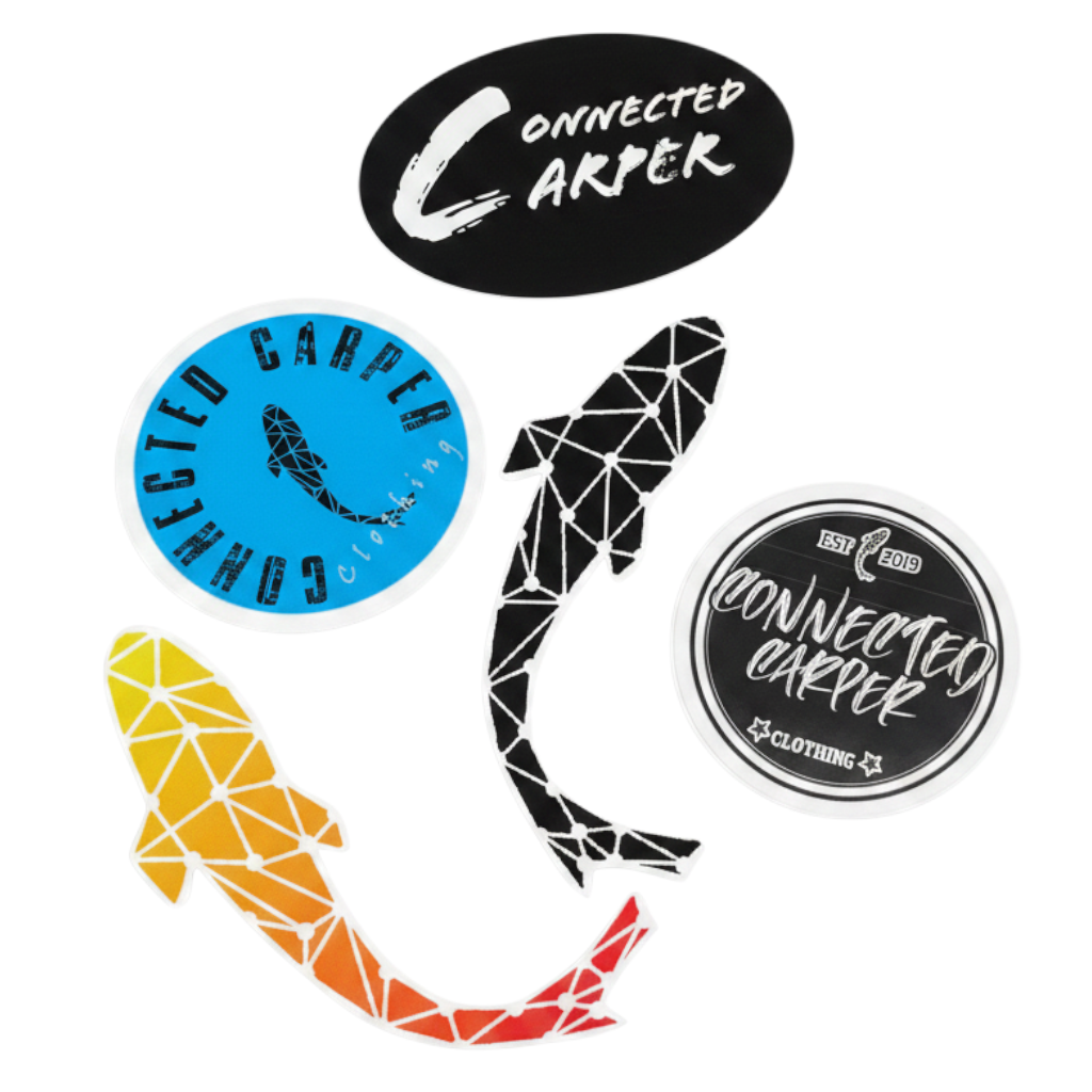 Connected Carper sticker pack featuring five unique designs including geometric fish and brand logos in various colors