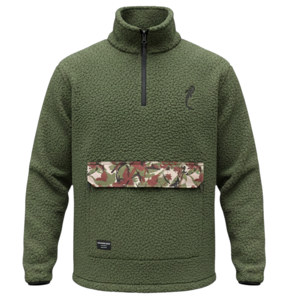 Connected Carper khaki sherpa fleece pullover with camouflage kangaroo pocket and half-zip closure