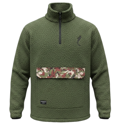Connected Carper khaki sherpa fleece pullover with camouflage kangaroo pocket and half-zip closure